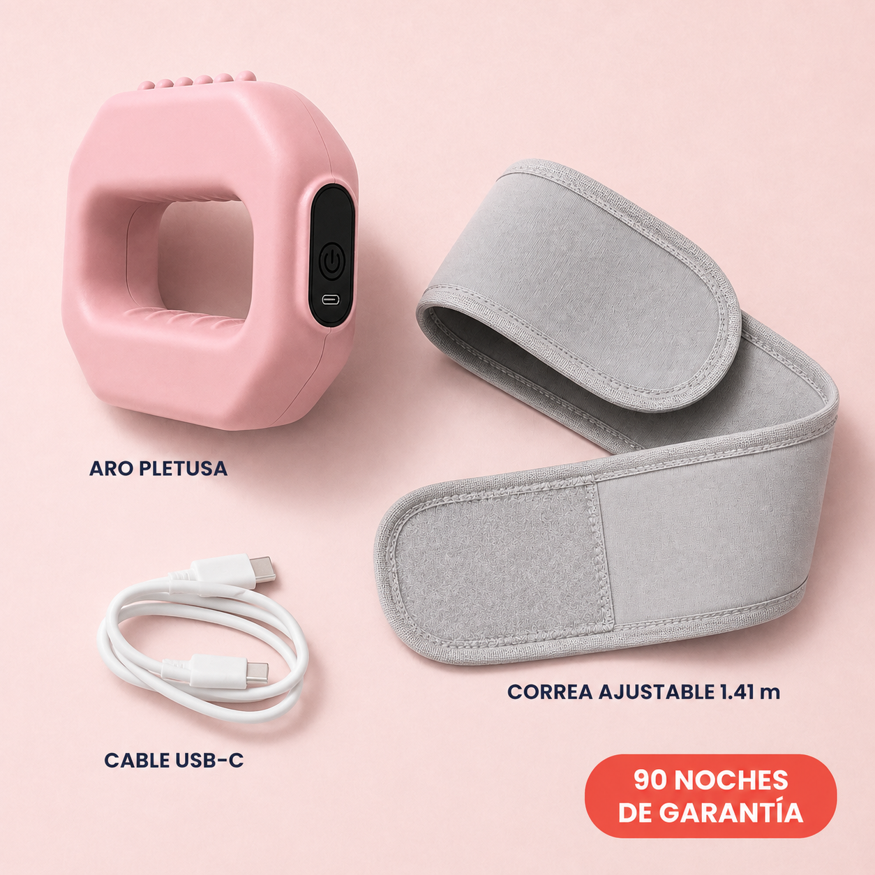 Qué incluye la caja: el aro, la correa de 1.41 m y el cable USB-C